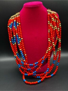 Alpha Multi-Strand Red, Blue & Gold Beaded Statement Necklace with earrings